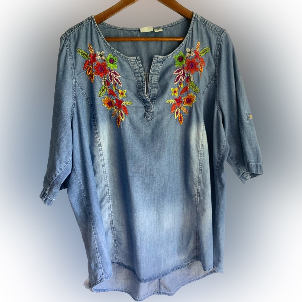 Westbound Light Blue Denim Tunic with Multicolor Floral Embroidery